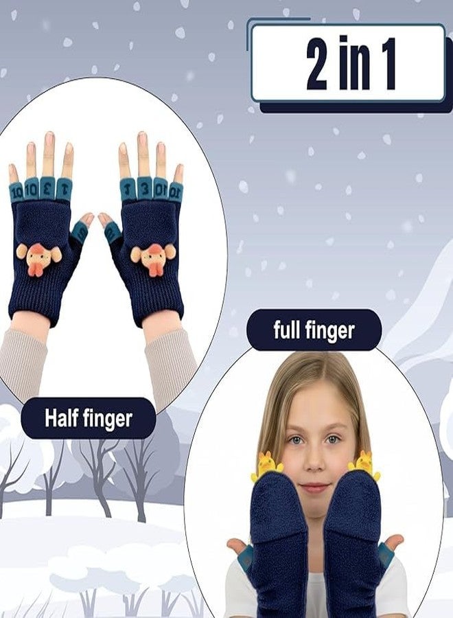 SOLDTRUE 2-in-1 Convertible Baby Wool Gloves | Cute Cartoon Design Full & Half Finger Knitted Winter Gloves for 3-7 Years Kids | Warm, Soft, Windproof & Flexible Christmas Gift (Dark Blue) - Image 3
